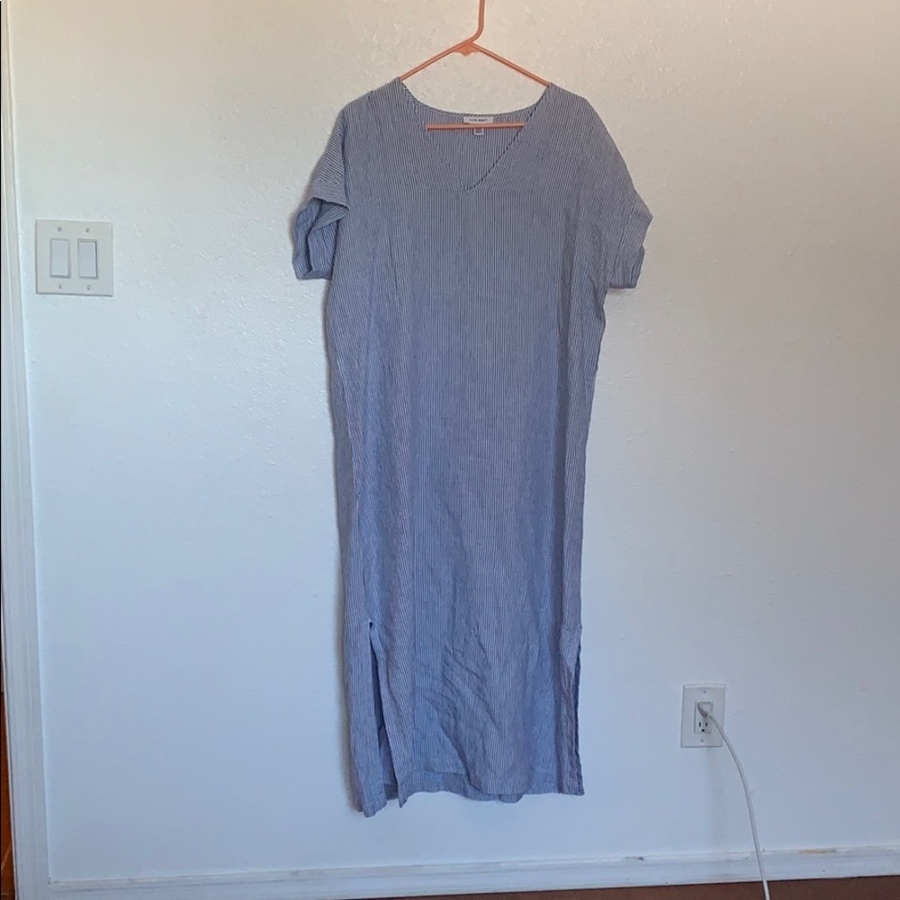 Pure Navy and White Striped Linen Midi Dress